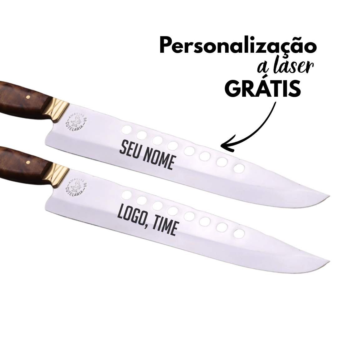 Faca Churrasco Artesanal Personalizada Furada | Aço Inox 10"