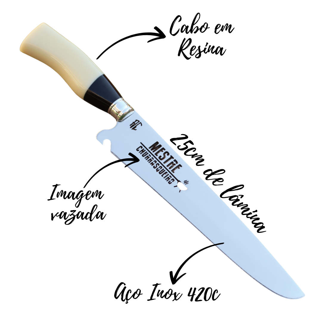Faca Churrasco Artesanal Picanheira Mestre Churrasqueiro Preto e Branco | Aço Inox 10"