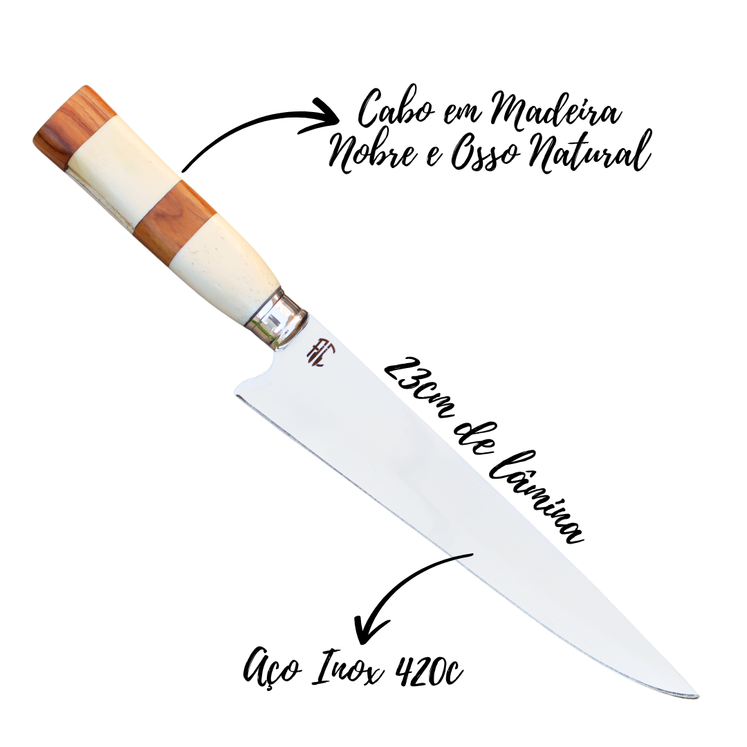 Faca Churrasco Artesanal Picanheira Osso Natural e Madeira Nobre | Aço Inox 9"