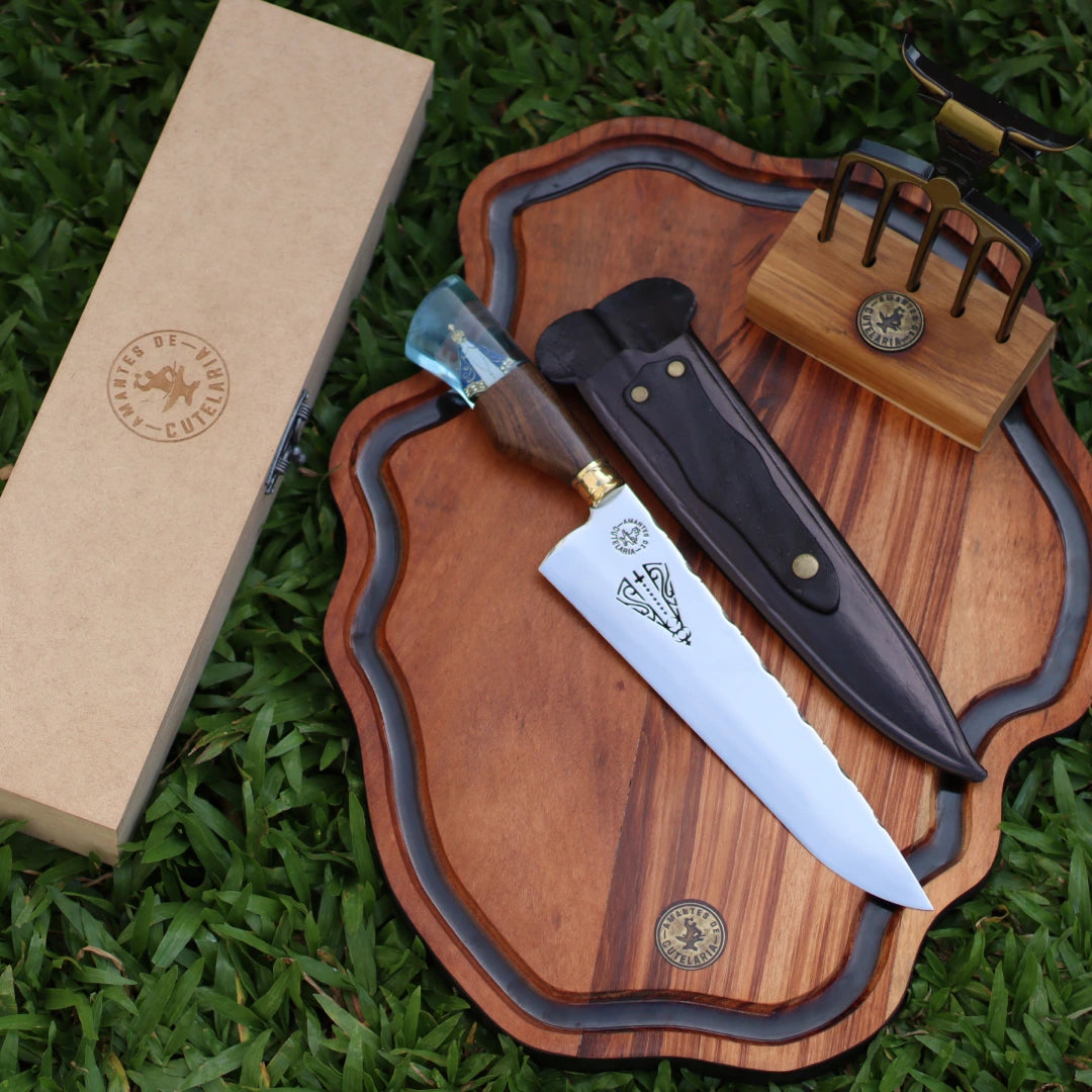 Kit Churrasco Picanheira + Tábua Rústica + Caixa em Madeira + Garfão Bull - Amantes de Cutelaria