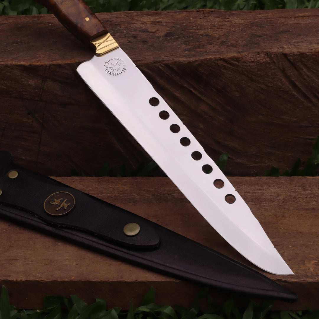 Faca Churrasco Artesanal Personalizada Furada | Aço Inox 10"