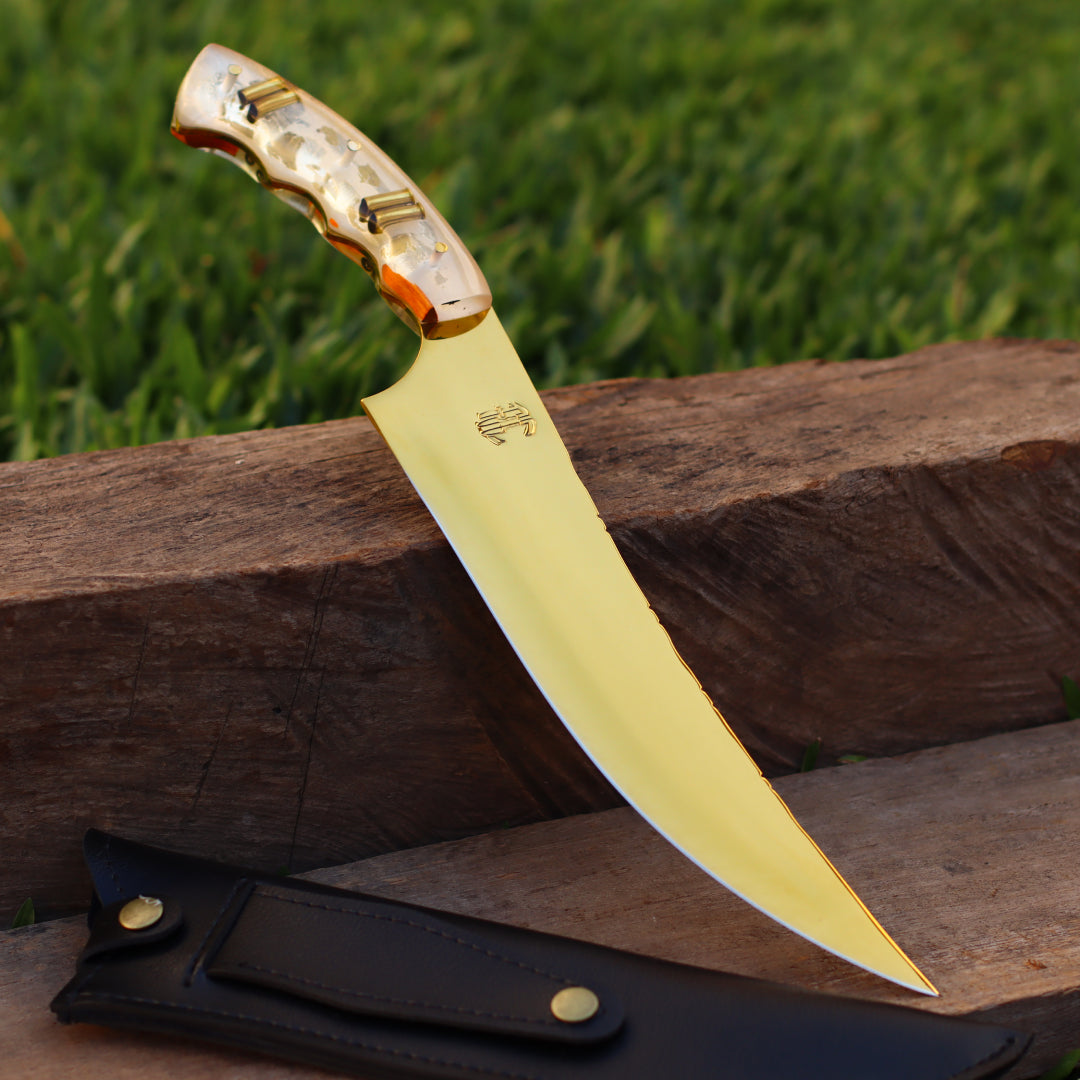 Faca Churrasco Artesanal Personalizada Anodizada Gold Turca | Aço Inox 10"