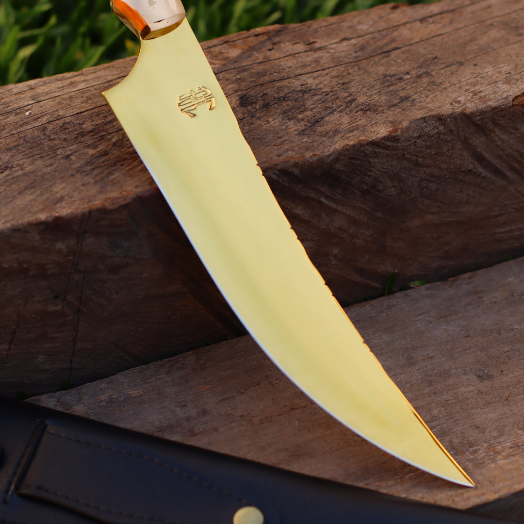 Faca Churrasco Artesanal Personalizada Anodizada Gold Turca | Aço Inox 10"