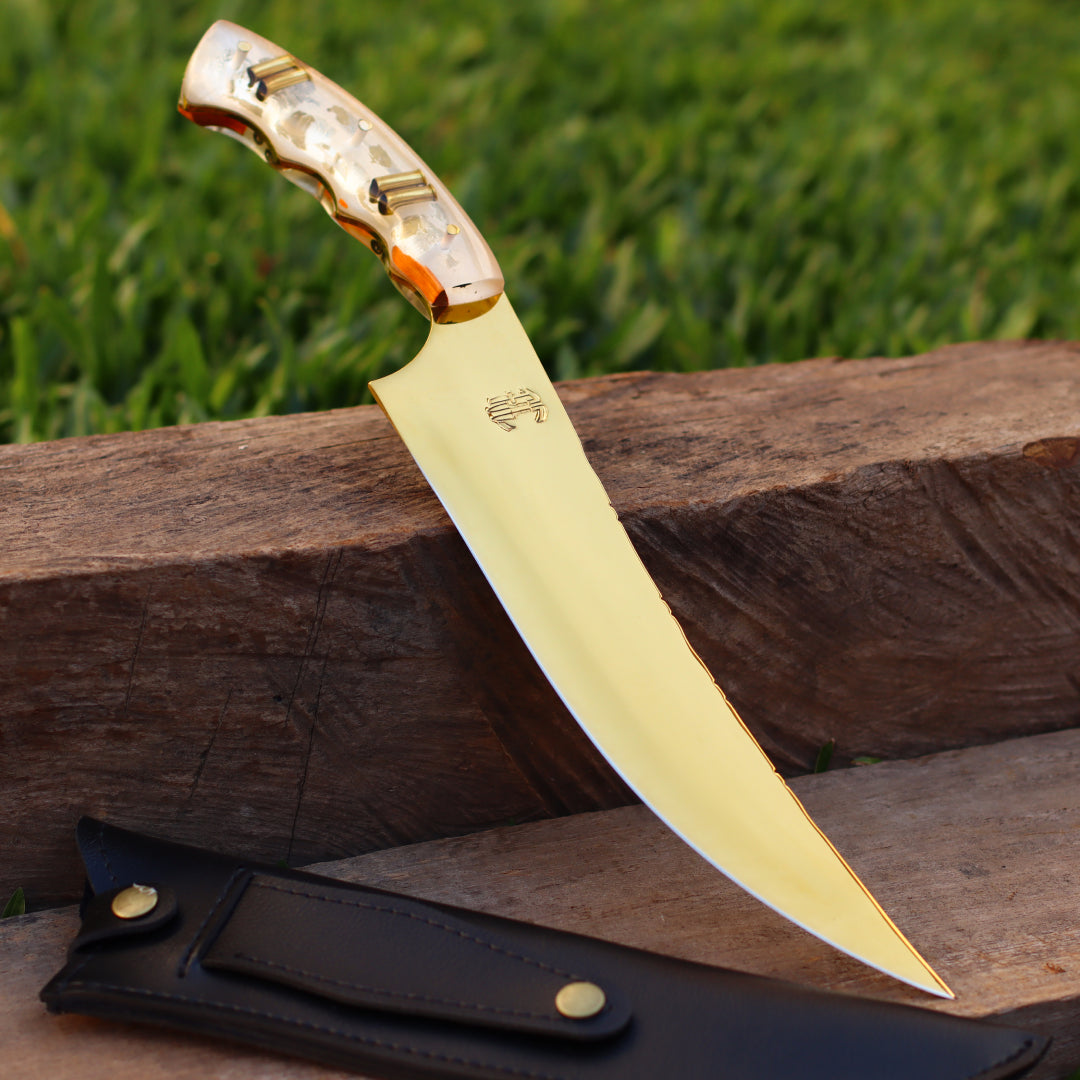 Faca Churrasco Artesanal Personalizada Anodizada Gold Turca | Aço Inox 10"