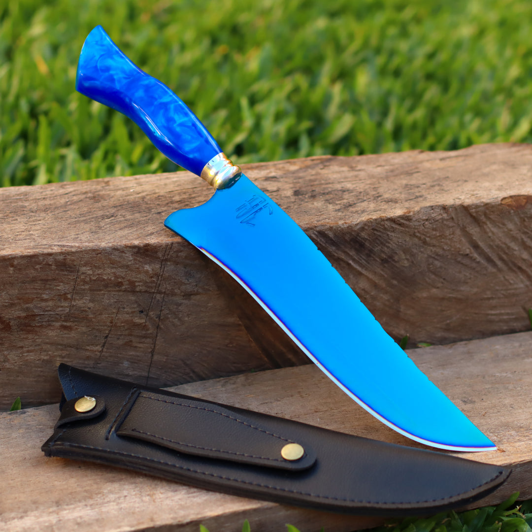 Faca Churrasco Artesanal Personalizada Anodizada Azul | Aço Inox 10"
