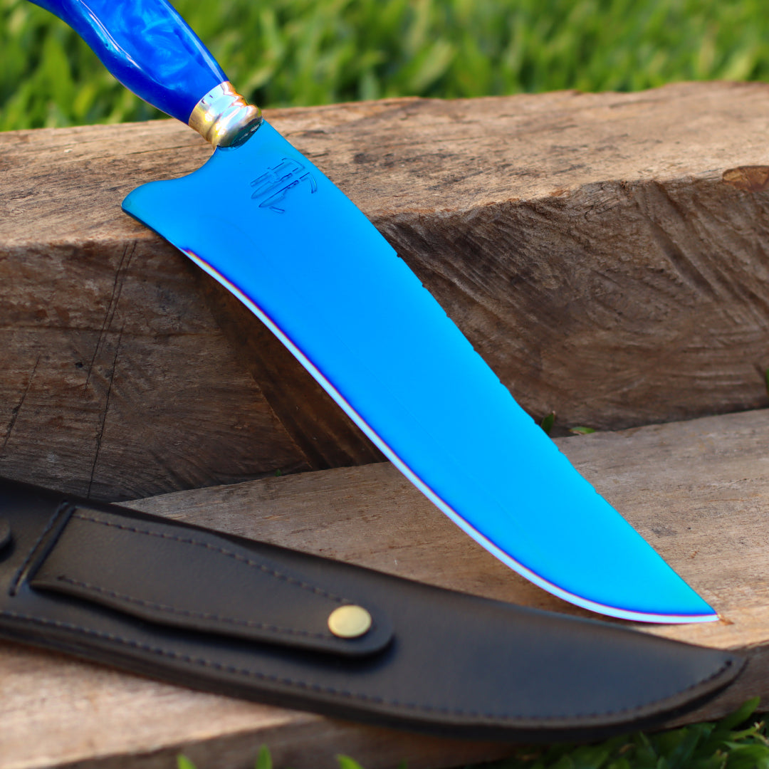 Faca Churrasco Artesanal Personalizada Anodizada Azul | Aço Inox 10"