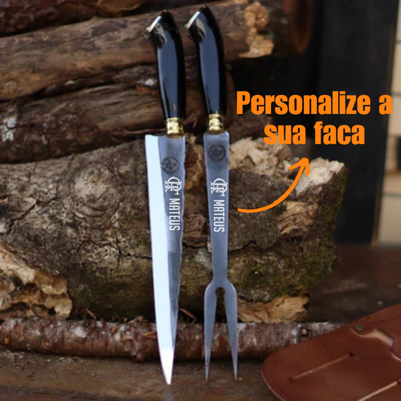 Kit Faca e Garfo Artesanal para Churrasco Personalizada | Presente | Cervo, Tatu, Cavalo