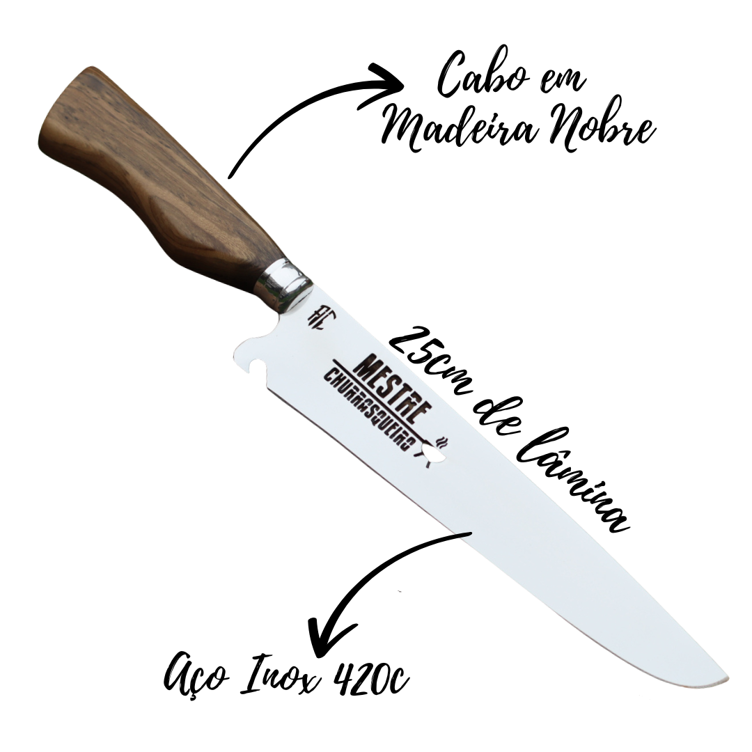 Faca Churrasco Artesanal Picanheira Mestre Churrasqueiro Cabo em Madeira | Aço Inox 10"